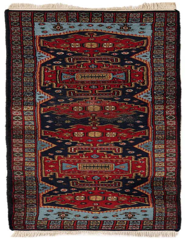 A 7 ft Hamedan runner rug featuring traditional Persian patterns in deep reds, navy blue, and light blue, with intricate tribal motifs and fringe.