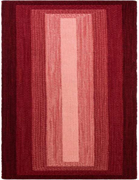 A 12 ft runner rug featuring a modern braided pattern with varying shades of red, from deep maroon to light coral, perfect for a hallway.