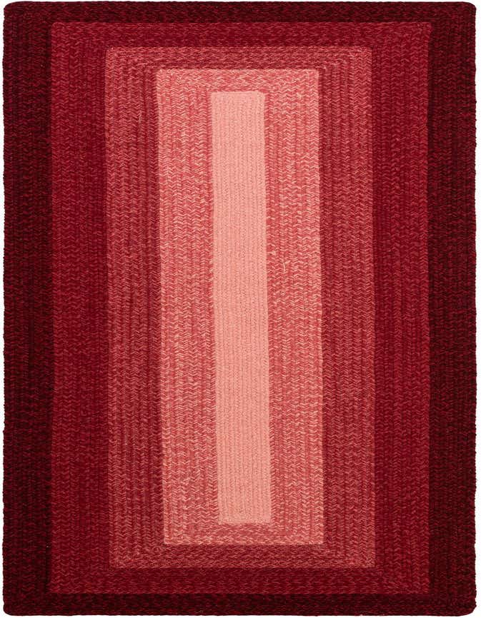A red 8 ft runner rug with a modern braided pattern, featuring shades of red from deep maroon to light coral.