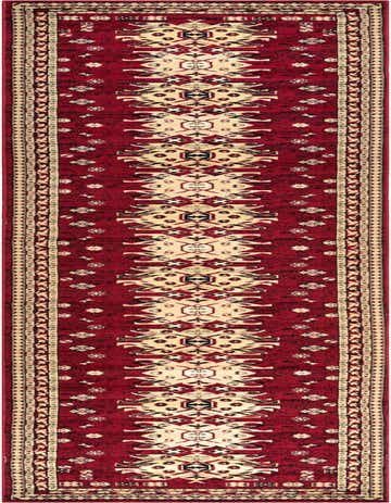 A 16 ft runner rug in deep red with a cream, black, and red traditional Southwestern tribal medallion pattern, ideal for a hallway.
