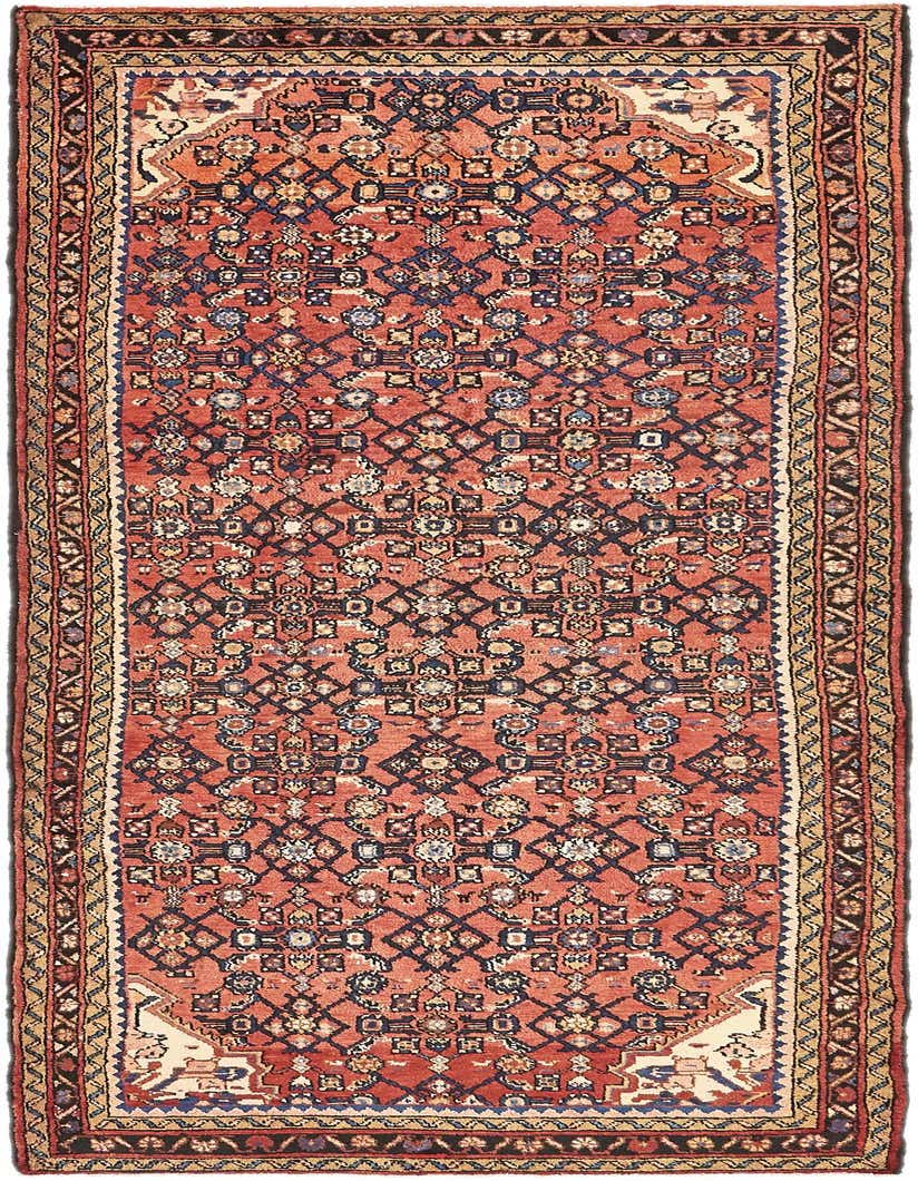 A 10 Ft red tribal runner rug with intricate blue, black, and cream Persian patterns, ideal for a hallway.