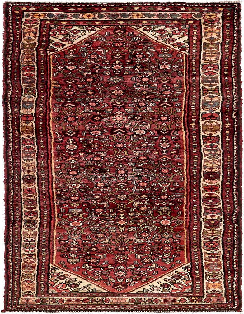 A 10 Ft Hossainabad runner rug in deep reds with intricate tribal and floral patterns, perfect for a hallway.