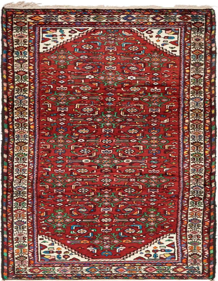 A 10 ft runner rug in a rich red with intricate tribal and Persian patterns in various colors, ideal for a hallway.