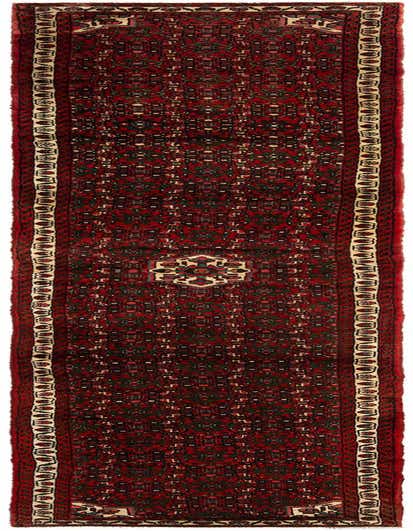 A long, narrow 16 ft Hossainabad runner rug in deep red with intricate tribal Persian patterns and a cream border, ideal for a hallway.
