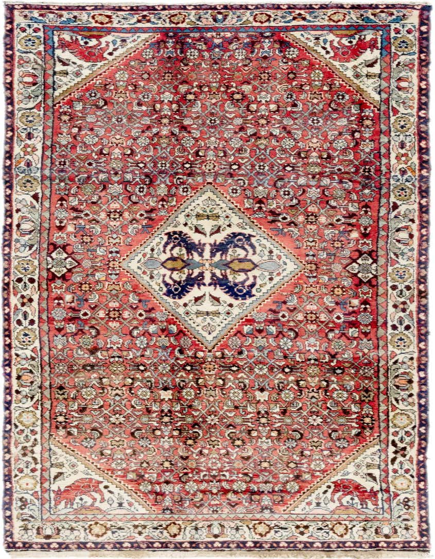 A 10 ft runner rug in traditional Persian style, featuring a red field with a central medallion and intricate tribal patterns in blues, creams, and reds.