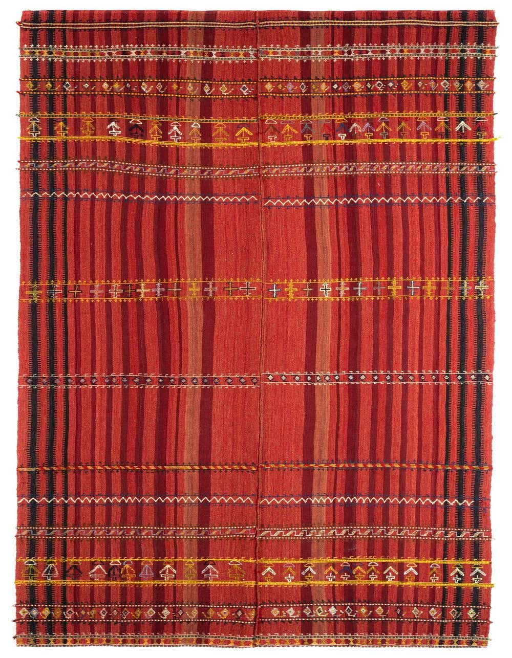 A handmade 11 ft Jajim Persian wool runner rug in varying shades of red with intricate striped patterns and colorful geometric motifs.