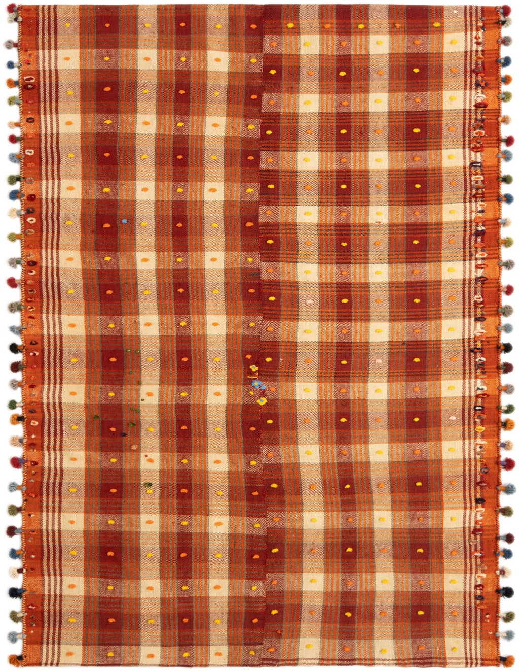 A handmade Jajim 8 ft runner rug featuring a plaid pattern in various shades of red, orange, and cream, accented with colorful pom-pom tassels along the edges.