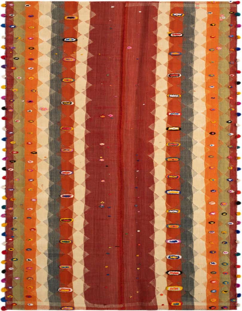 A vibrant 10 Ft Jajim runner rug with red, orange, cream, and green stripes, featuring colorful pom-poms along the edges.