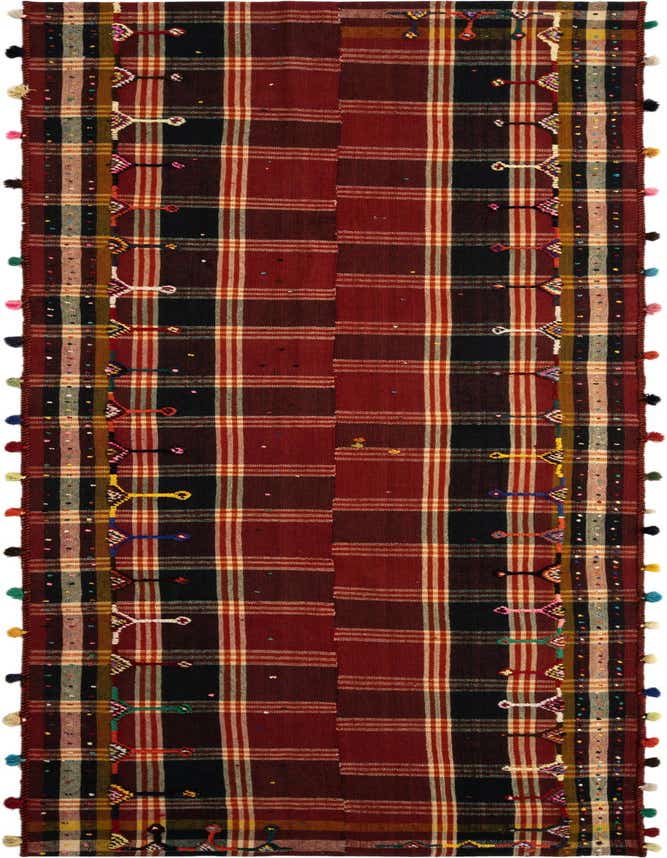 A handmade 14 ft Jajim runner rug featuring a red and black plaid pattern with colorful embroidered details and tassels along the edges, ideal for a hallway.