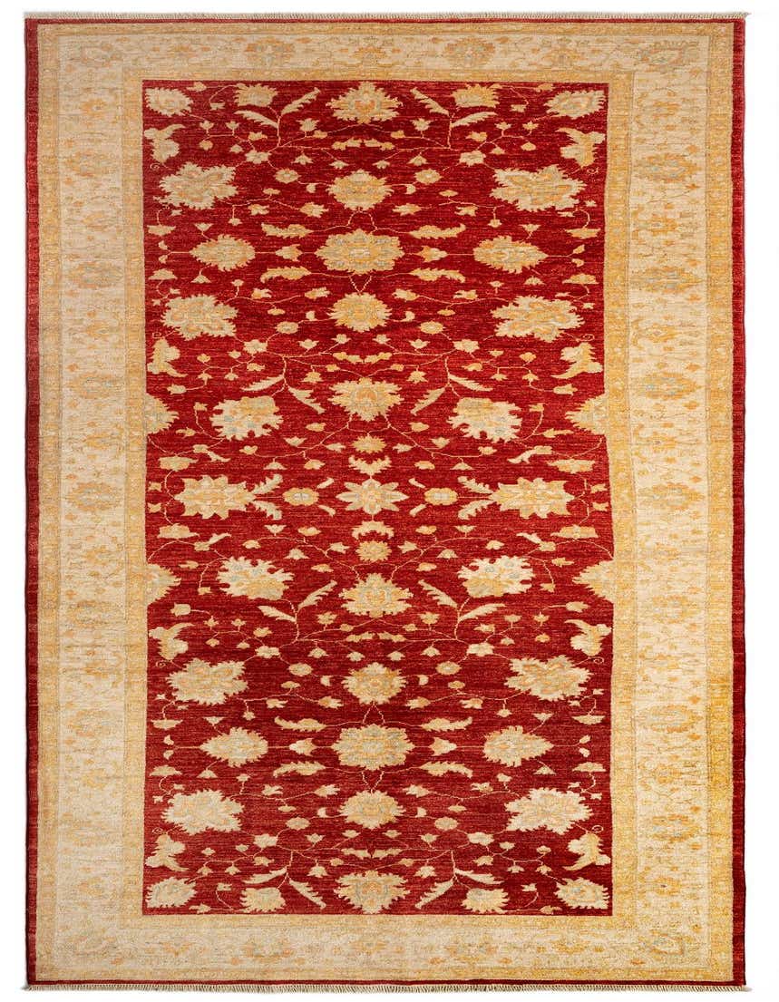 A handmade 11 ft runner rug in traditional Persian style, featuring a deep red field with intricate gold floral patterns and a complementary gold border.