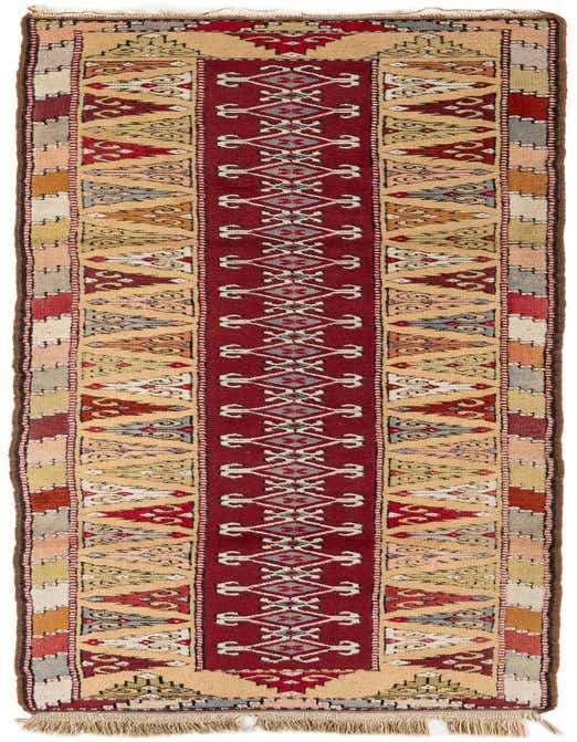 A 10 ft Kars runner rug in traditional tribal style, featuring a central red medallion pattern with beige and multi-colored borders, ideal for a hallway.