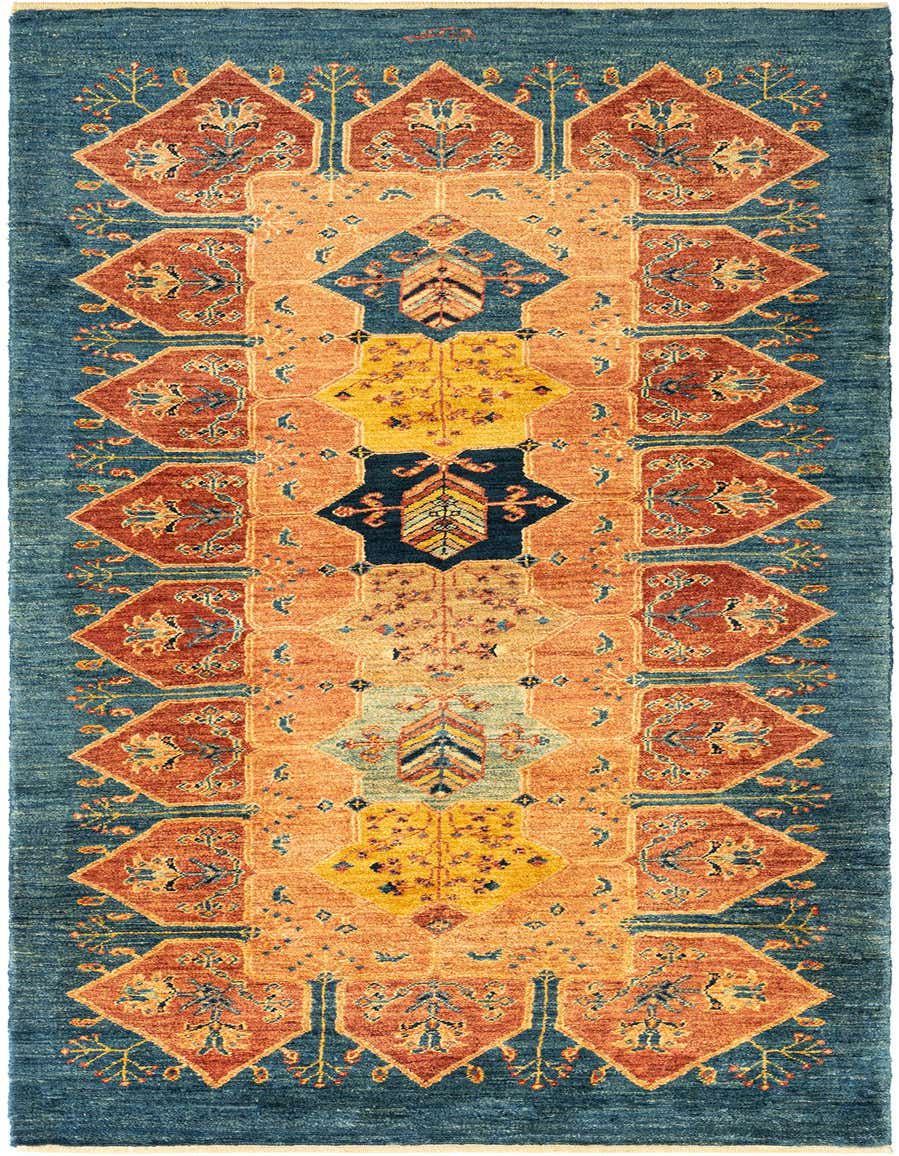 A 7 ft Kashkuli Persian runner rug in red and blue, featuring intricate geometric patterns, perfect for a hallway.