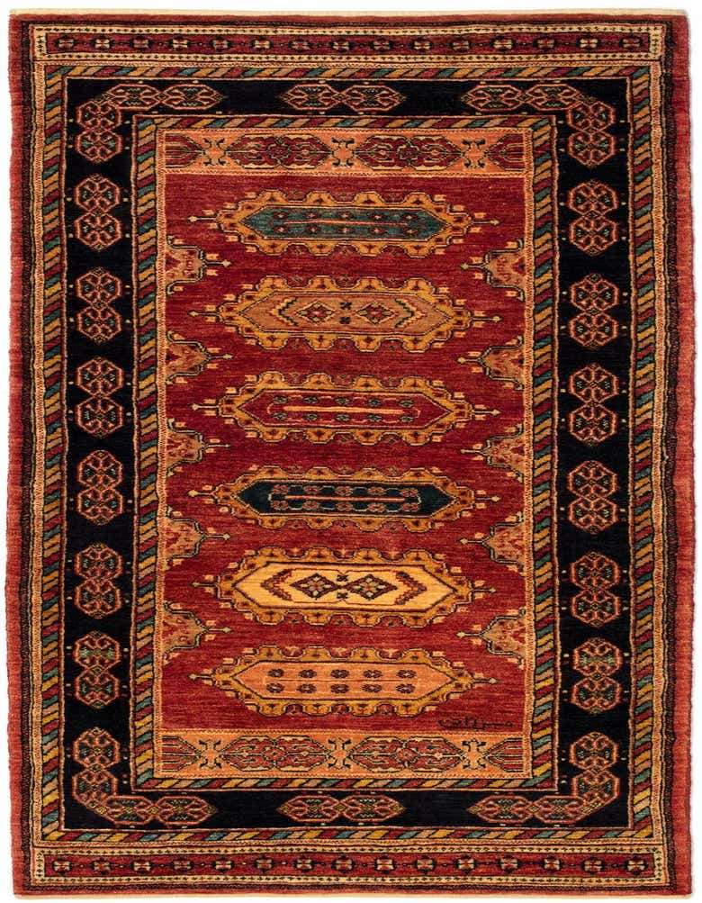 A 7 ft runner rug in traditional Persian style, featuring a deep red field with intricate gold, blue, and black patterns, ideal for a hallway.