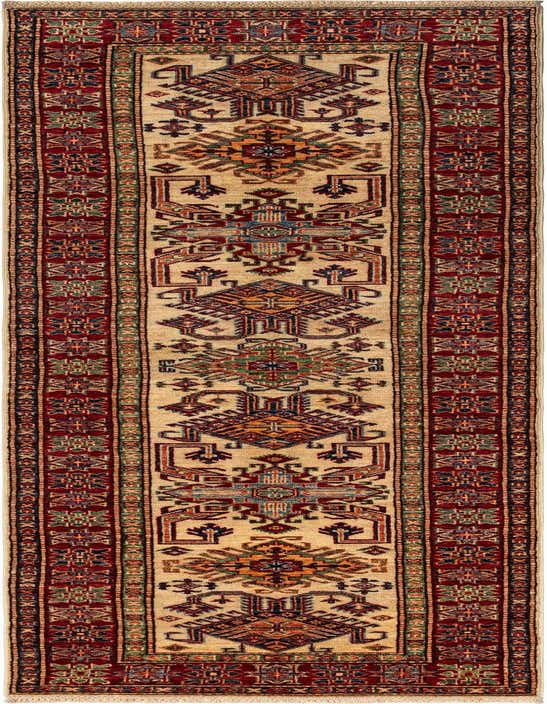 A 10 ft runner rug in a traditional Persian style, featuring a cream field with intricate geometric patterns in red, blue, green, and orange, framed by a rich red border.