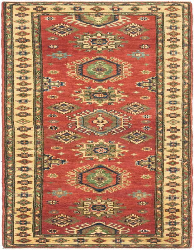 A 10 ft runner rug with a red field and traditional Southwestern patterns in green, blue, and beige, ideal for a hallway.