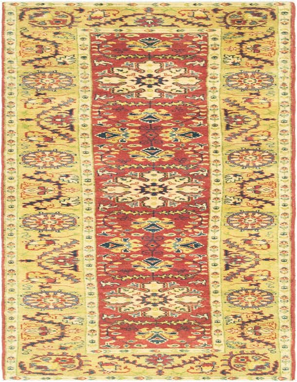 A 10 ft runner rug with a traditional Kazak pattern, featuring a deep red center medallion and border on a golden-yellow field.