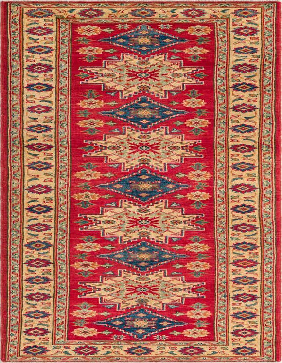 A 10 ft runner rug with a vibrant red field and a cream border, featuring traditional Southwestern and tribal geometric patterns in blue, gold, and green.