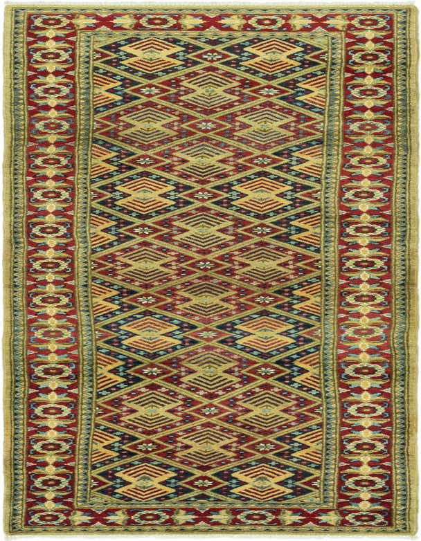 A 10 ft runner rug in traditional Southwestern style, featuring a rich red border and geometric patterns in red, gold, and blue.