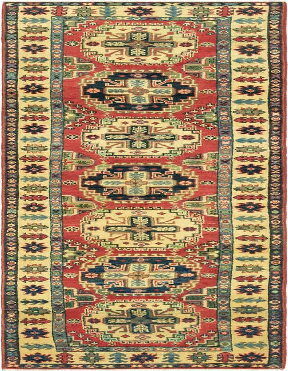 A 10 Ft Runner Kazak rug featuring a traditional tribal pattern in reds, navy, and cream, ideal for a hallway.