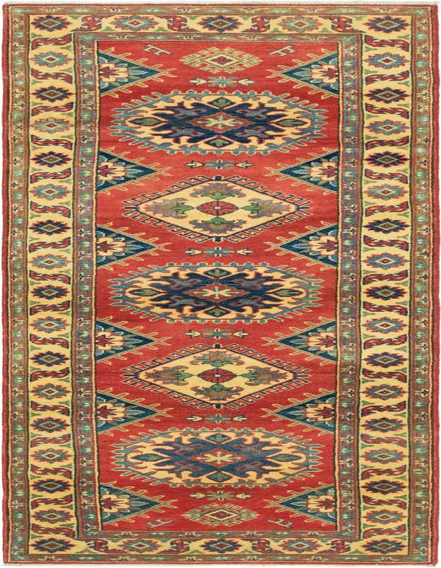 A 10 ft runner rug with a vibrant red field and a cream border. It features traditional tribal patterns in navy, light blue, green, and gold.