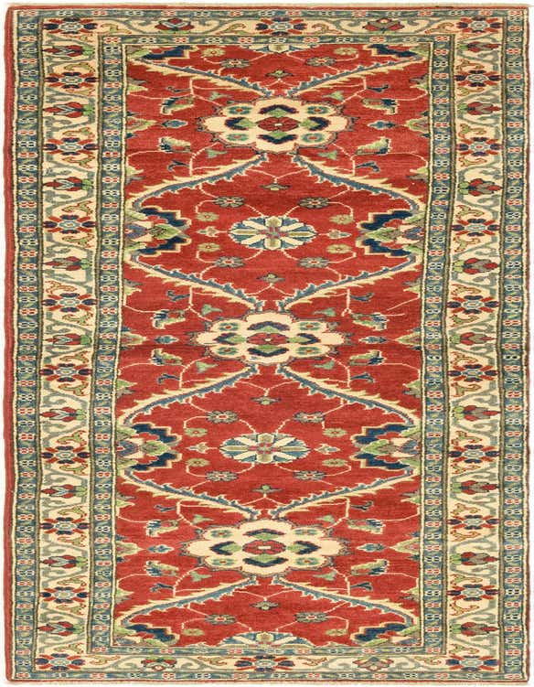 A 10 ft red runner rug with a traditional botanical and medallion pattern, featuring cream, blue, and green accents, ideal for a hallway.