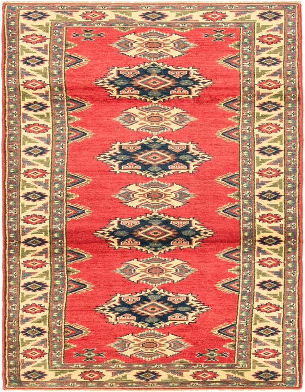 A 10 ft runner rug with a vibrant red field, featuring traditional tribal medallions in navy, cream, and green, framed by a cream border.