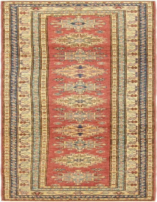A 10 ft red tribal runner rug with intricate blue, cream, and gold geometric patterns, ideal for a hallway.