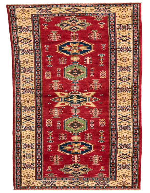 A 10 ft red runner rug with traditional Southwestern patterns and a cream border, ideal for a hallway.