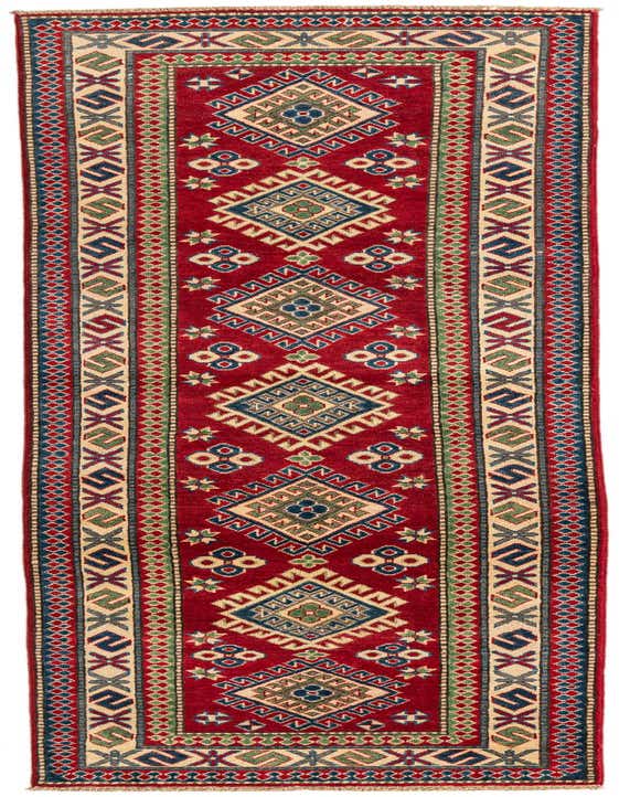 A 10 ft red runner rug with traditional Southwestern patterns in blue, green, and cream, ideal for a hallway.