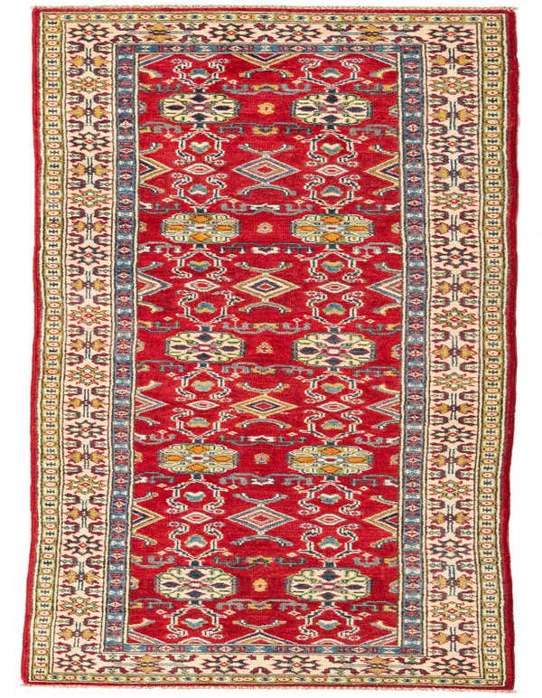 A 10 ft red runner rug with traditional Southwestern and Oriental patterns in blue, green, yellow, and cream, ideal for a hallway.