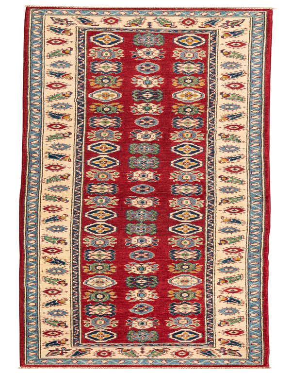 A 10 ft runner rug in traditional Southwestern style, featuring a deep red field with colorful geometric and medallion patterns, bordered by cream and blue accents.
