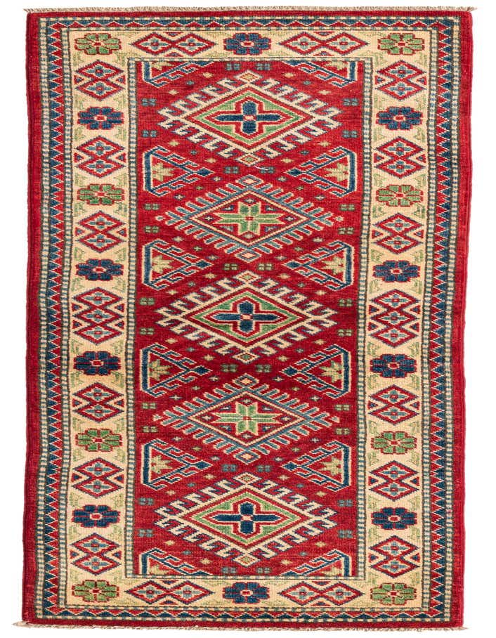 A 6 ft red runner rug with a traditional Oriental pattern, featuring geometric designs in blue, green, and cream.