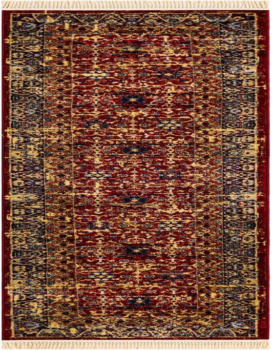 A 10 ft red runner rug with a distressed traditional pattern in gold and blue, featuring white fringe.