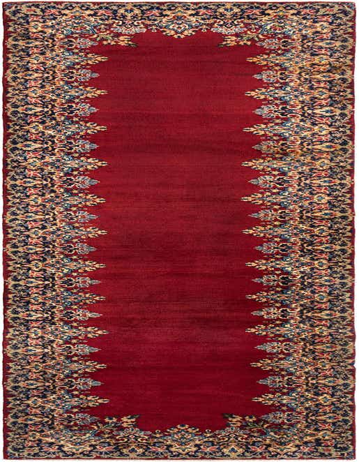 A 13 ft red wool runner rug with an intricate Persian floral border in blue, gold, and cream.