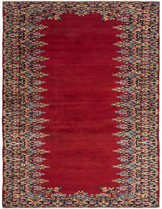 A 13 ft red Persian runner rug with intricate blue, gold, and cream floral patterns bordering the long edges, ideal for a hallway.