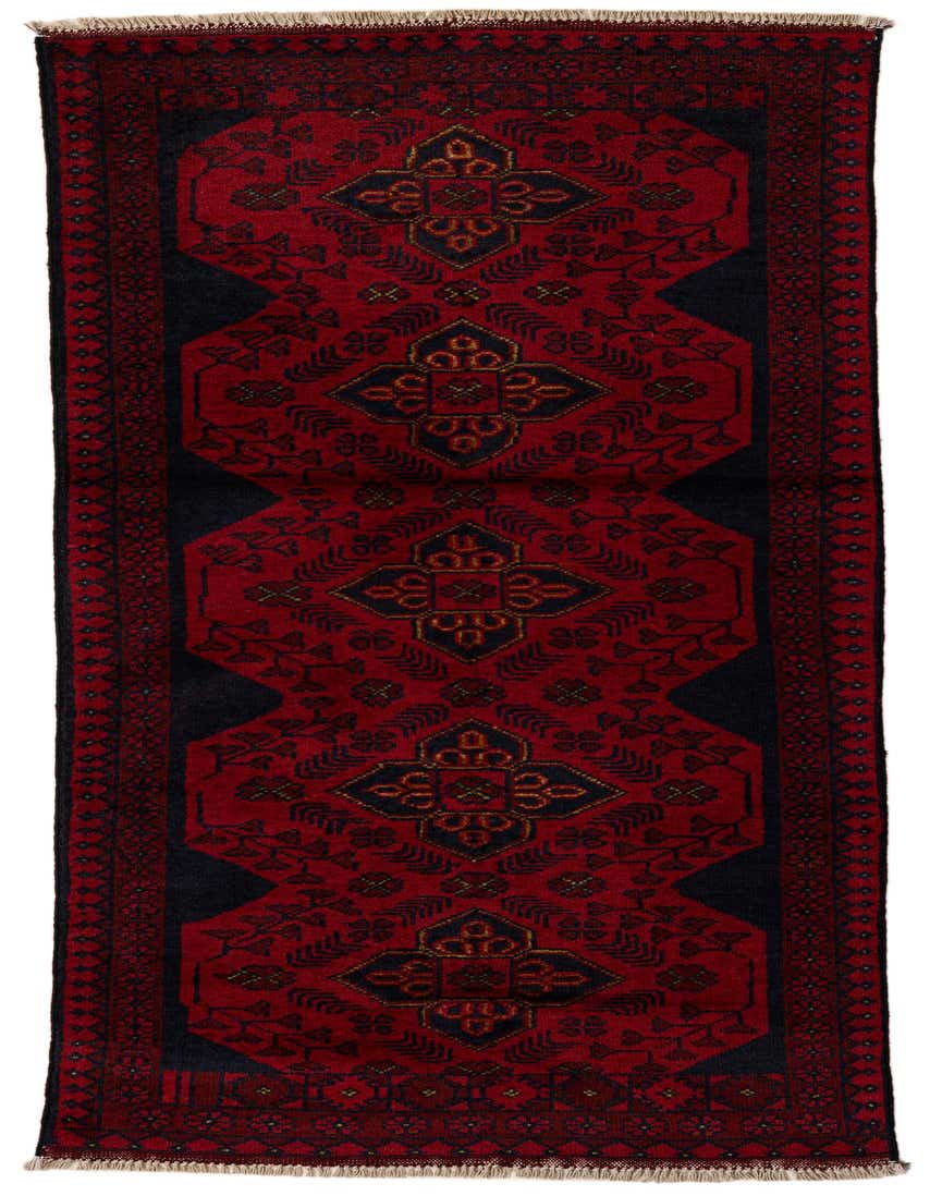 A 6 ft Khal Mohammadi runner rug featuring a traditional Oriental pattern in deep reds and dark blue, with fringe.