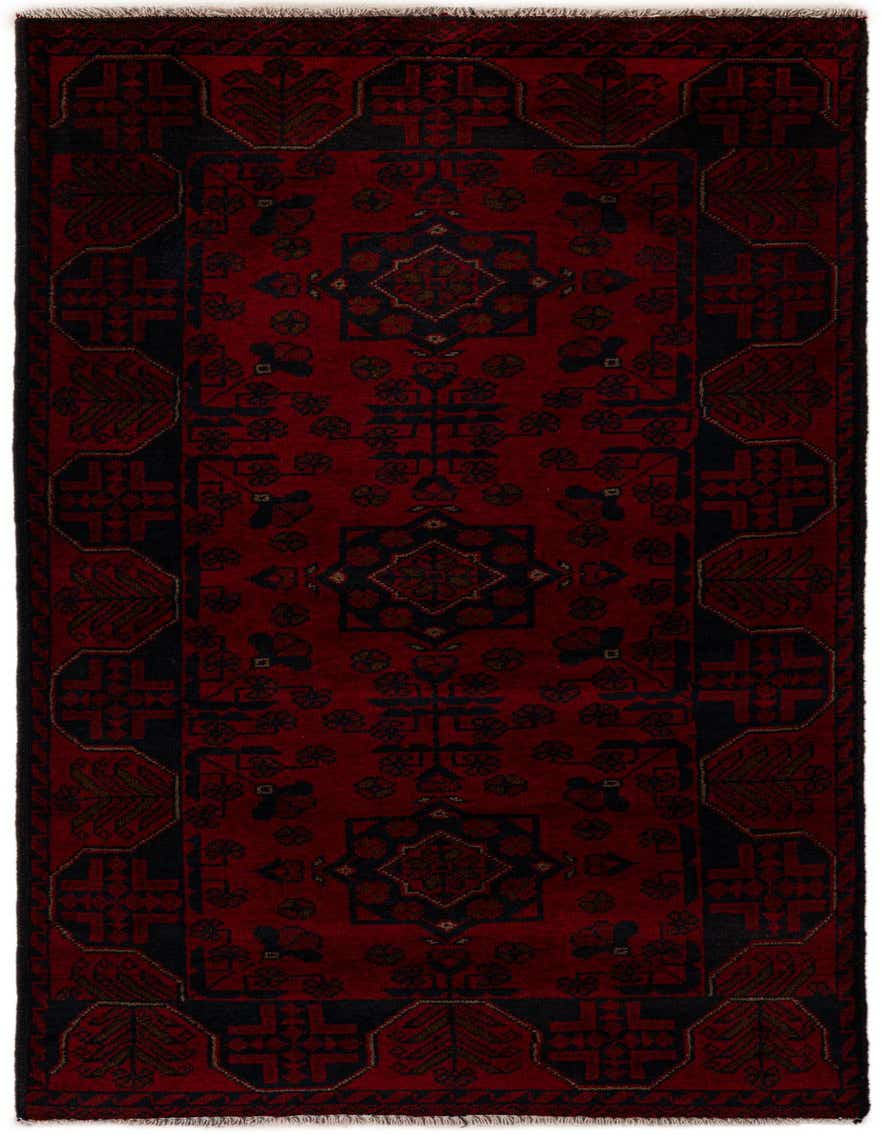 A handmade 6 ft runner rug in deep red with a repeating black and brown oriental pattern, ideal for hallways.
