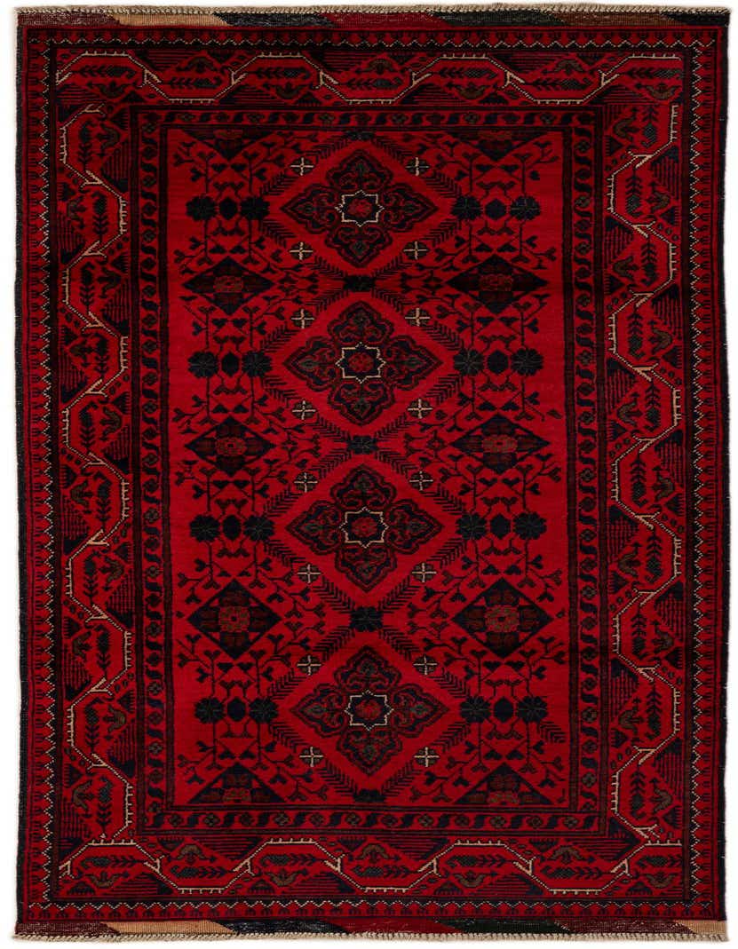 A 6 ft red wool runner rug with a black and tan oriental pattern, perfect for a hallway.
