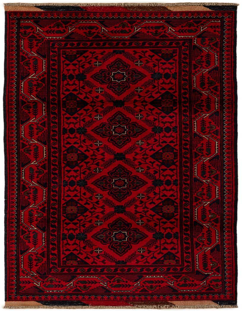 A 6 ft red wool runner rug with a traditional Oriental pattern, featuring black and subtle tan geometric motifs and a detailed border.