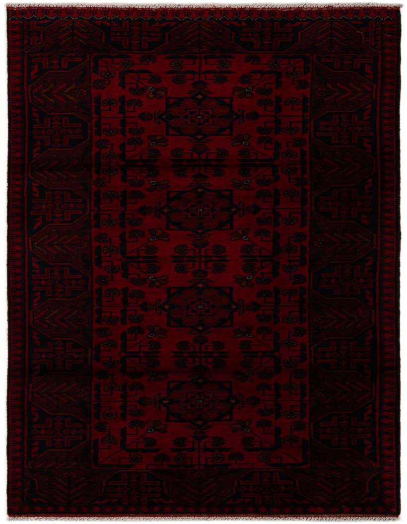 A 6 ft red wool runner rug with a dark geometric and floral oriental pattern, suitable for a hallway.