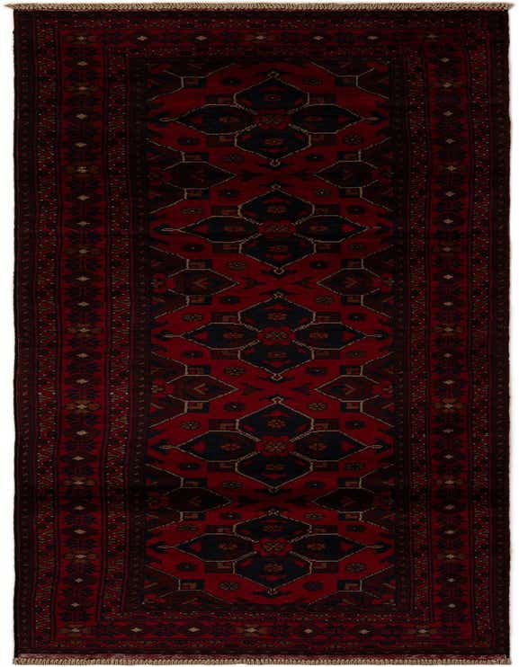 A 9 ft Khal Mohammadi runner rug in deep red with dark blue and brown Oriental patterns, ideal for a hallway.