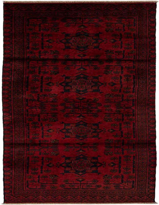 A 9 ft red runner rug with a thin pile, featuring a modern pattern in dark tones, ideal for a hallway.