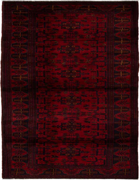 A 9 ft Khal Mohammadi runner rug in deep red with intricate dark blue and brown traditional patterns, perfect for a hallway.