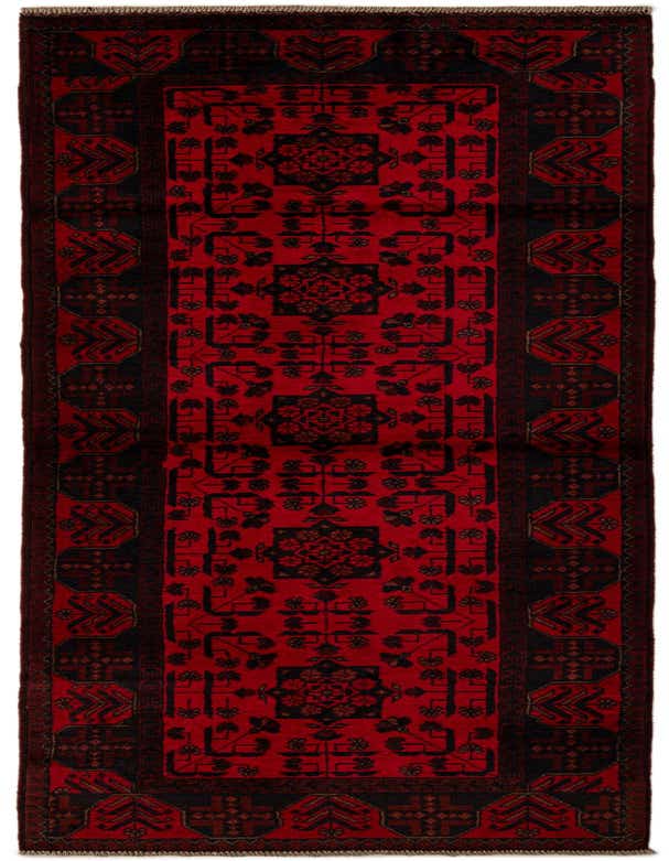 A 9 ft Khal Mohammadi runner rug in vibrant red with intricate black oriental patterns, ideal for a hallway.