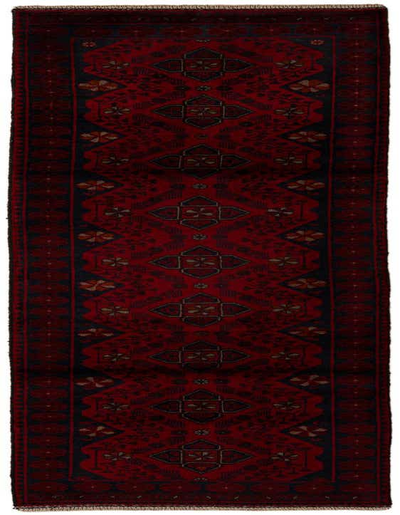 A 10 ft Khal Mohammadi runner rug in deep red with intricate black and gold oriental patterns, perfect for a hallway.