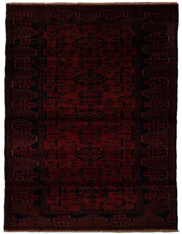 A 9 ft Khal Mohammadi runner rug in deep red with intricate black Oriental patterns, ideal for a hallway.