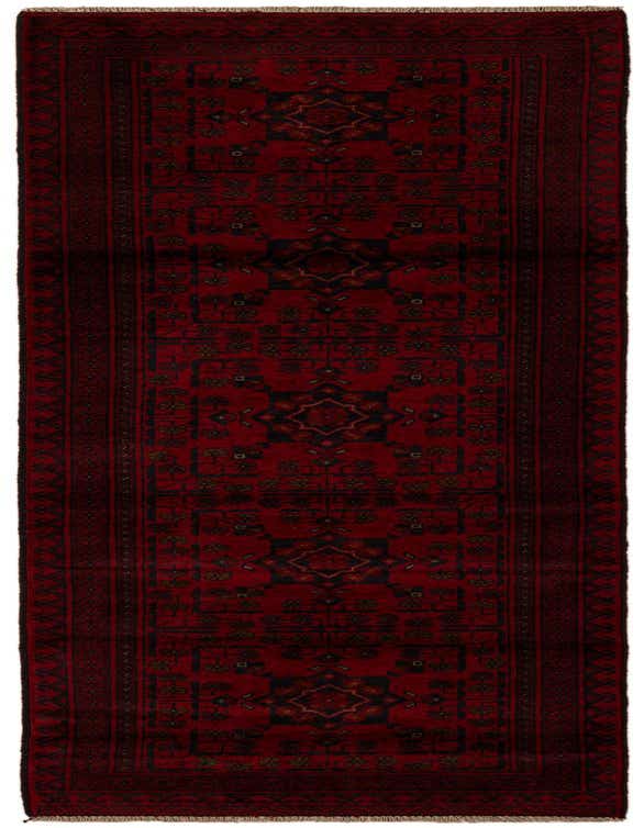 A 9 ft Khal Mohammadi runner rug in deep red with intricate black and gold oriental patterns, perfect for a hallway.