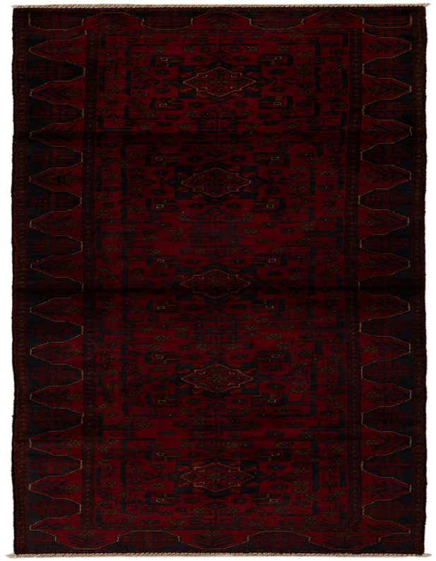A 9 ft Khal Mohammadi runner rug in deep reds and dark blue, featuring a traditional Oriental pattern with geometric motifs, ideal for a hallway.
