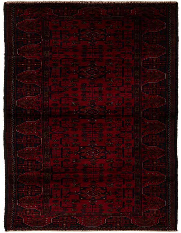A 9 ft red Khal Mohammadi runner rug with a modern geometric pattern, perfect for a hallway.