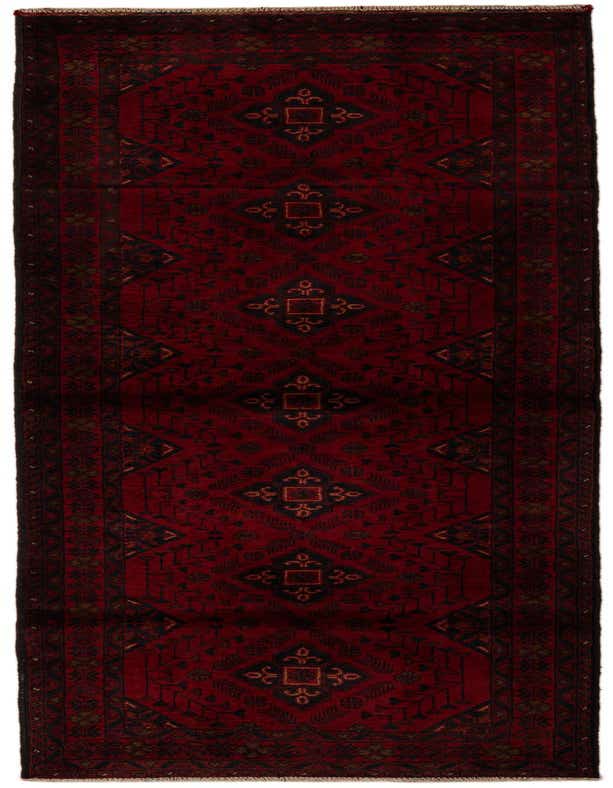 A 9 ft runner rug in deep red with intricate black and brown Oriental patterns, ideal for a hallway.